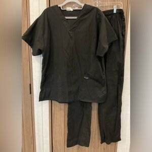 Unisex Black Medical Scrubs Elastic Waist Pants w/pockets & Shirt Set Large